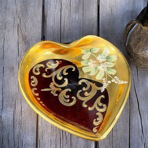 1980s Hand Painted Italian Murano Dish Bowl Trinket Raised Gold Flowers Dish VTG